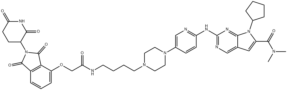 7H-Pyrrolo[2,3-d]pyrimidine-6-carboxamide, 7-cyclopentyl-2-[[5-[4-[4-[[2-[[2-(2,6-dioxo-3-piperidinyl)-2,3-dihydro-1,3-dioxo-1H-isoindol-4-yl]oxy]acetyl]amino]butyl]-1-piperazinyl]-2-pyridinyl]amino]-N,N-dimethyl- Struktur