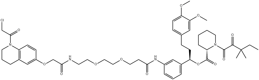 2-Piperidinecarboxylic acid, 1-(3,3-dimethyl-1,2-dioxopentyl)-, (1R)-1-[3-[[3-[2-[2-[[2-[[1-(2-chloroacetyl)-1,2,3,4-tetrahydro-6-quinolinyl]oxy]acetyl]amino]ethoxy]ethoxy]-1-oxopropyl]amino]phenyl]-3-(3,4-dimethoxyphenyl)propyl ester, (2S)- Struktur