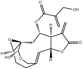 2-Hydroxymethylpropenoic acid [(1aR,4Z,5aR,8aR,9S,10aR,11S)-1a,2,5a,7,8,8a,9,10-octahydro-11-hydroxy-8-methylene-7-oxo-3H-4,10a-(methanoxymethano)-oxireno[5,6]cyclodeca[1,2-b]furan-9-yl] ester Struktur