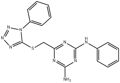 2-N-phenyl-6-[(1-phenyltetrazol-5-yl)sulfanylmethyl]-1,3,5-triazine-2,4-diamine Struktur