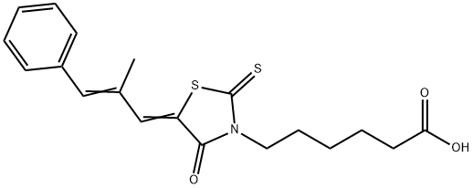 6-[(5Z)-5-[(2E)-2-methyl-3-phenylprop-2-en-1-ylidene]-4-oxo-2-sulfanylidene-1,3-thiazolidin-3-yl]hexanoic acid Struktur