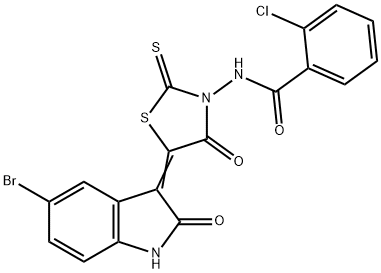 N-[(5Z)-5-(5-bromo-2-oxo-1H-indol-3-ylidene)-4-oxo-2-sulfanylidene-1,3-thiazolidin-3-yl]-2-chlorobenzamide Struktur