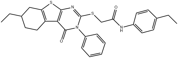 2-[(7-ethyl-4-oxo-3-phenyl-5,6,7,8-tetrahydro-[1]benzothiolo[2,3-d]pyrimidin-2-yl)sulfanyl]-N-(4-ethylphenyl)acetamide Struktur