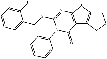 3-[(2-fluorophenyl)methylsulfanyl]-2-phenyl-7,8-dihydro-6H-cyclopenta[2,3]thieno[2,4-b]pyrimidin-1-one Struktur