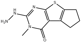 3-hydrazinyl-2-methyl-7,8-dihydro-6H-cyclopenta[2,3]thieno[2,4-b]pyrimidin-1-one Struktur