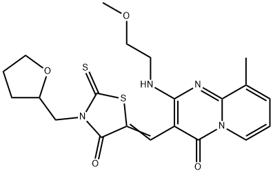 (5Z)-5-[[2-(2-methoxyethylamino)-9-methyl-4-oxopyrido[1,2-a]pyrimidin-3-yl]methylidene]-3-(oxolan-2-ylmethyl)-2-sulfanylidene-1,3-thiazolidin-4-one Struktur