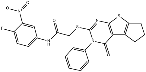 N-(4-fluoro-3-nitrophenyl)-2-[(1-oxo-2-phenyl-7,8-dihydro-6H-cyclopenta[2,3]thieno[2,4-b]pyrimidin-3-yl)sulfanyl]acetamide Struktur