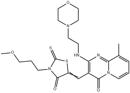 (5Z)-3-(3-methoxypropyl)-5-[[9-methyl-2-(2-morpholin-4-ylethylamino)-4-oxopyrido[1,2-a]pyrimidin-3-yl]methylidene]-2-sulfanylidene-1,3-thiazolidin-4-one Struktur