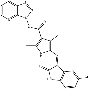 1H-Pyrrole-3-carboxylic acid, 5-[(Z)-(5-fluoro-1,2-dihydro-2-oxo-3H-indol-3-ylidene)methyl]-2,4-dimethyl-, 3H-1,2,3-triazolo[4,5-b]pyridin-3-yl ester Struktur