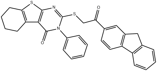 2-[2-(9H-fluoren-2-yl)-2-oxoethyl]sulfanyl-3-phenyl-5,6,7,8-tetrahydro-[1]benzothiolo[2,3-d]pyrimidin-4-one Struktur