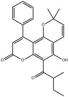 5-Hydroxy-2,2-dimethyl-6-(2-methyl-1-oxobutyl)-10-phenyl-2H,8H-benzo[1,2-b:3,4-b']dipyran-8-one Struktur