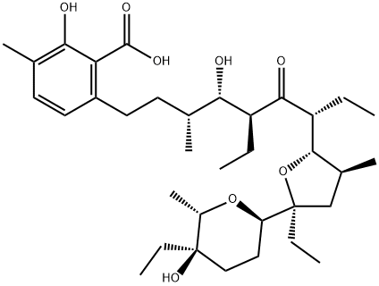 Benzoic acid, 6-[(3R,4S,5S,7R)-5-ethyl-7-[(2S,3S,5S)-5-ethyl-5-[(2R,5R,6S)-5-ethyltetrahydro-5-hydroxy-6-methyl-2H-pyran-2-yl]tetrahydro-3-methyl-2-furanyl]-4-hydroxy-3-methyl-6-oxononyl]-2-hydroxy-3-methyl- Struktur