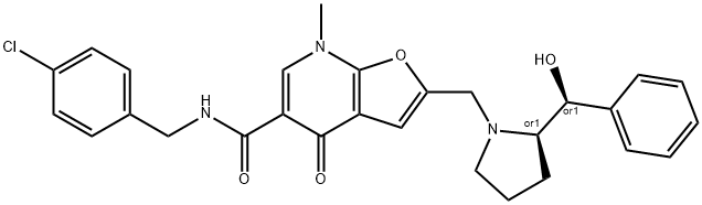 Furo[2,3-b]pyridine-5-carboxamide,  N-[(4-chlorophenyl)methyl]-4,7-dihydro-2-[[(2R)-2-[(S)-hydroxyphenylmethyl]-1-pyrrolidinyl]methyl]-7-methyl-4-oxo-,  rel- Struktur