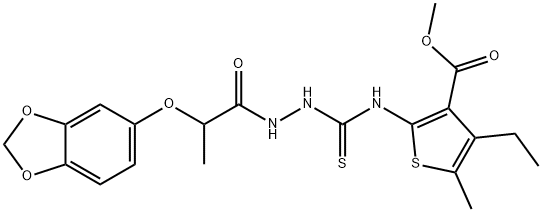 methyl 2-(2-(2-(benzo[d][1,3]dioxol-5-yloxy)propanoyl)hydrazinecarbothioamido)-4-ethyl-5-methylthiophene-3-carboxylate Struktur