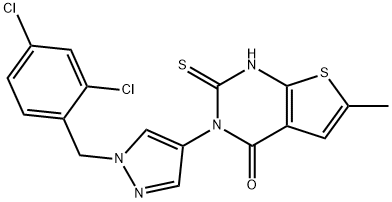 3-[1-[(2,4-dichlorophenyl)methyl]pyrazol-4-yl]-6-methyl-2-sulfanylidene-1H-thieno[2,3-d]pyrimidin-4-one Struktur