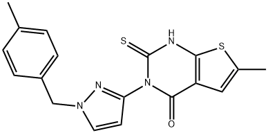 6-methyl-3-[1-[(4-methylphenyl)methyl]pyrazol-3-yl]-2-sulfanylidene-1H-thieno[2,3-d]pyrimidin-4-one Struktur