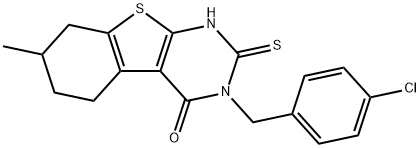 3-[(4-chlorophenyl)methyl]-7-methyl-2-sulfanylidene-5,6,7,8-tetrahydro-1H-[1]benzothiolo[2,3-d]pyrimidin-4-one Struktur