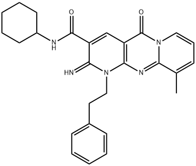 N-cyclohexyl-2-imino-10-methyl-5-oxo-1-(2-phenylethyl)dipyrido[3,4-c:1',2'-f]pyrimidine-3-carboxamide Struktur