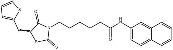 N-naphthalen-2-yl-6-[(5E)-4-oxo-2-sulfanylidene-5-(thiophen-2-ylmethylidene)-1,3-thiazolidin-3-yl]hexanamide Struktur