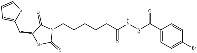 4-bromo-N'-[6-[(5E)-4-oxo-2-sulfanylidene-5-(thiophen-2-ylmethylidene)-1,3-thiazolidin-3-yl]hexanoyl]benzohydrazide Struktur