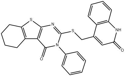 2-[(2-oxo-1H-quinolin-4-yl)methylsulfanyl]-3-phenyl-5,6,7,8-tetrahydro-[1]benzothiolo[2,3-d]pyrimidin-4-one Struktur