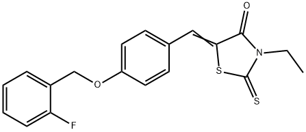 (5E)-3-ethyl-5-[[4-[(2-fluorophenyl)methoxy]phenyl]methylidene]-2-sulfanylidene-1,3-thiazolidin-4-one Struktur