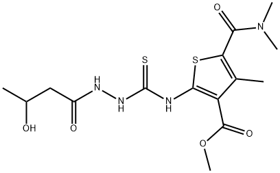 methyl 5-(dimethylcarbamoyl)-2-(2-(3-hydroxybutanoyl)hydrazinecarbothioamido)-4-methylthiophene-3-carboxylate Struktur