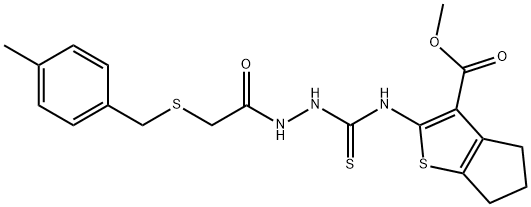 methyl 2-(2-(2-((4-methylbenzyl)thio)acetyl)hydrazinecarbothioamido)-5,6-dihydro-4H-cyclopenta[b]thiophene-3-carboxylate Struktur