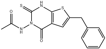 N-(6-benzyl-4-oxo-2-sulfanylidene-1H-thieno[2,3-d]pyrimidin-3-yl)acetamide Struktur