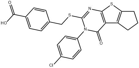 4-[[2-(4-chlorophenyl)-1-oxo-7,8-dihydro-6H-cyclopenta[2,3]thieno[2,4-b]pyrimidin-3-yl]sulfanylmethyl]benzoic acid Struktur