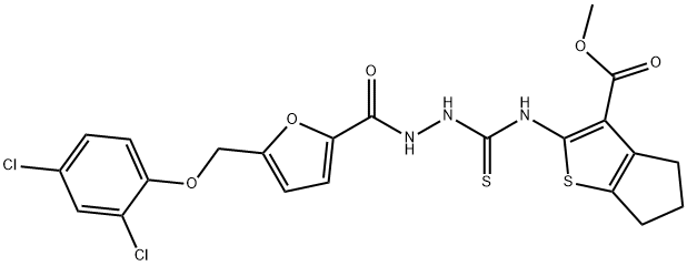 methyl 2-(2-(5-((2,4-dichlorophenoxy)methyl)furan-2-carbonyl)hydrazinecarbothioamido)-5,6-dihydro-4H-cyclopenta[b]thiophene-3-carboxylate Struktur