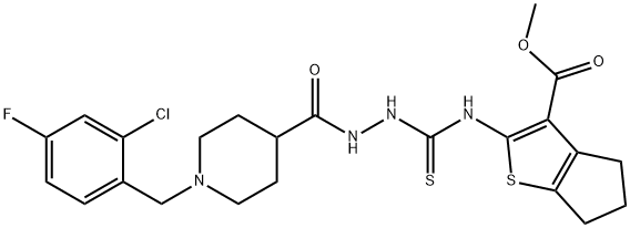 methyl 2-(2-(1-(2-chloro-4-fluorobenzyl)piperidine-4-carbonyl)hydrazinecarbothioamido)-5,6-dihydro-4H-cyclopenta[b]thiophene-3-carboxylate Struktur