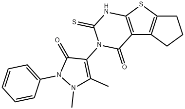 2-(1,5-dimethyl-3-oxo-2-phenylpyrazol-4-yl)-3-sulfanylidene-4,6,7,8-tetrahydrocyclopenta[2,3]thieno[2,4-b]pyrimidin-1-one Struktur