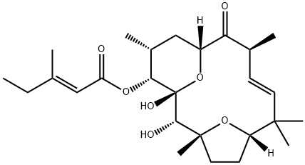 2-Pentenoic acid, 3-methyl-, (1R,2S,3R,6S,8E,10S,12R,14R,15R)-1,2-dihydroxy-3,7,7,10,14-pentamethyl-11-oxo-16,17-dioxatricyclo[10.3.1.13,6]heptadec-8-en-15-yl ester, (2E)- Struktur