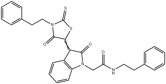 2-[(3Z)-2-oxo-3-[4-oxo-3-(2-phenylethyl)-2-sulfanylidene-1,3-thiazolidin-5-ylidene]indol-1-yl]-N-(2-phenylethyl)acetamide Struktur