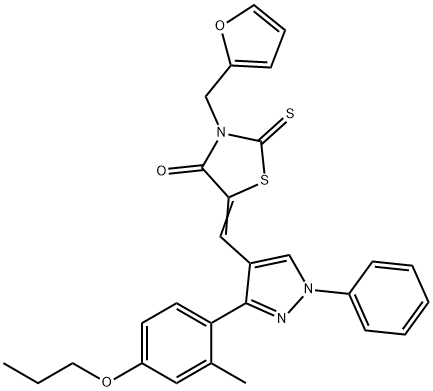 (5Z)-3-(furan-2-ylmethyl)-5-[[3-(2-methyl-4-propoxyphenyl)-1-phenylpyrazol-4-yl]methylidene]-2-sulfanylidene-1,3-thiazolidin-4-one Struktur