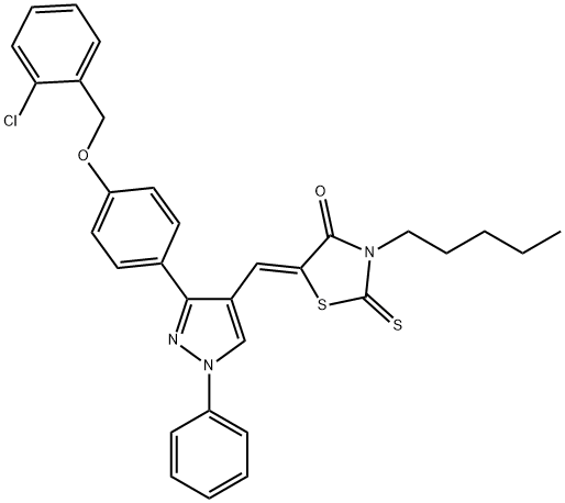 (5Z)-5-[[3-[4-[(2-chlorophenyl)methoxy]phenyl]-1-phenylpyrazol-4-yl]methylidene]-3-pentyl-2-sulfanylidene-1,3-thiazolidin-4-one Struktur