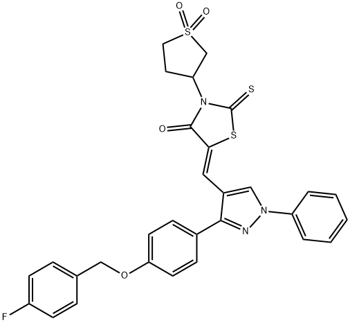 (5Z)-3-(1,1-dioxothiolan-3-yl)-5-[[3-[4-[(4-fluorophenyl)methoxy]phenyl]-1-phenylpyrazol-4-yl]methylidene]-2-sulfanylidene-1,3-thiazolidin-4-one Struktur