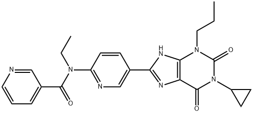 3-Pyridinecarboxamide, N-[5-(1-cyclopropyl-2,3,6,9-tetrahydro-2,6-dioxo-3-propyl-1H-purin-8-yl)-2-pyridinyl]-N-ethyl- Struktur