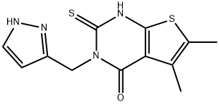 5,6-dimethyl-3-(1H-pyrazol-5-ylmethyl)-2-sulfanylidene-1H-thieno[2,3-d]pyrimidin-4-one Struktur