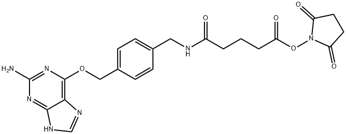 Pentanoic acid, 5-[[[4-[[(2-amino-9H-purin-6-yl)oxy]methyl]phenyl]methyl]amino]-5-oxo-, 2,5-dioxo-1-pyrrolidinyl ester Struktur