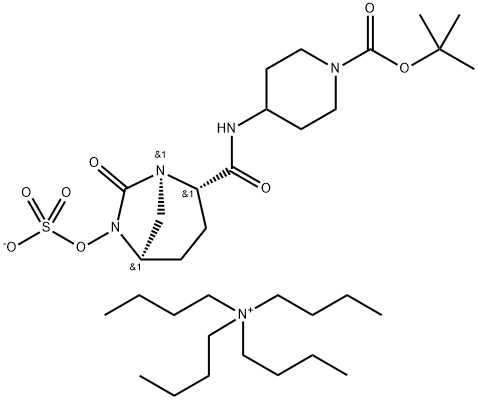 N,N,N-tributylbutan-1-aminium [({(2S,5R)-7-oxo-2-[(piperidin-4-ylamino)carbonyl]-1,6-diazabicyclo[3.2.1]oct-6-yl}oxy)sulfonyl]oxidanide Struktur