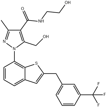 1H-Pyrazole-4-carboxamide, N-(2-hydroxyethyl)-5-(hydroxymethyl)-3-methyl-1-[2-[[3-(trifluoromethyl)phenyl]methyl]benzo[b]thien-7-yl]- Struktur