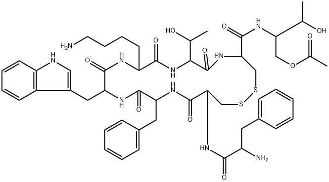 L-Cysteinamide, D-phenylalanyl-L-cysteinyl-L-phenylalanyl-D-tryptophyl-L-lysyl-L-threonyl-N-[1-[(acetyloxy)methyl]-2-hydroxypropyl]-, cyclic (2→7)-disulfide, [R-(R*,R*)]- (9CI) Struktur