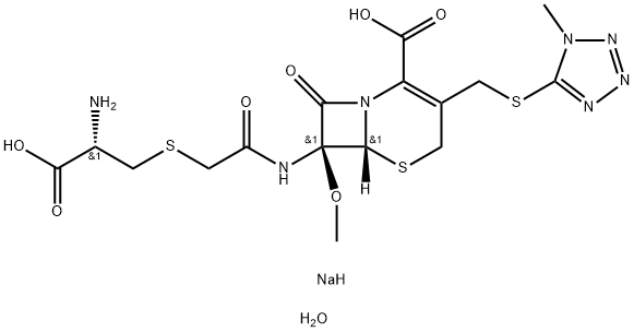 5-Thia-1-azabicyclo[4.2.0]oct-2-ene-2-carboxylic acid, 7-[[2-[[(2S)-2-amino-2-carboxyethyl]thio]acetyl]amino]-7-methoxy-3-[[(1-methyl-1H-tetrazol-5-yl)thio]methyl]-8-oxo-, sodium salt, hydrate (1:1:7), (6R,7S)- Struktur