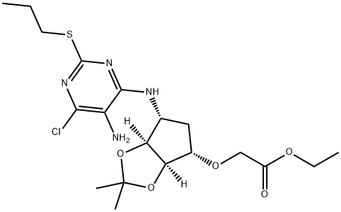 Acetic acid, 2-[[(3aR,4S,6R,6aS)-6-[[5-amino-6-chloro-2-(propylthio)-4-pyrimidinyl]amino]tetrahydro-2,2-dimethyl-4H-cyclopenta-1,3-dioxol-4-yl]oxy]-, ethyl ester Struktur