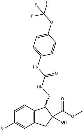 1H-Indene-2-carboxylic acid, 5-chloro-2,3-dihydro-2-hydroxy-1-[2-[[[4-(trifluoromethoxy)phenyl]amino]carbonyl]hydrazinylidene]-, methyl ester Struktur