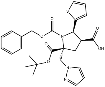 1,2,4-pyrrolidinetricarboxylic acid, 2-(1H-pyrazol-1-ylmethyl)-5-(2-thienyl)-, 2-(1,1-dimethylethyl) 1-(phenylmethyl) ester, (2R,4S,5R)- Struktur