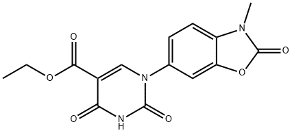 5-Pyrimidinecarboxylic acid, 1-(2,3-dihydro-3-methyl-2-oxo-6-benzoxazolyl)-1,2,3,4-tetrahydro-2,4-dioxo-, ethyl ester Struktur