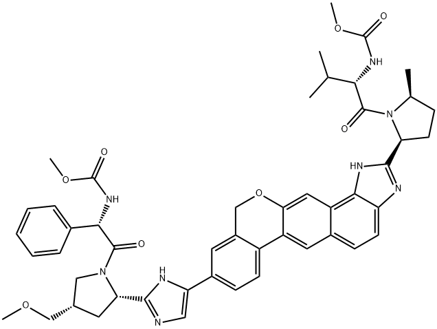 Carbamic acid, N-[(1S)-2-[(2S,4S)-2-[5-[1,11-dihydro-2-[(2S,5S)-1-[(2S)-2-[(methoxycarbonyl)amino]-3-methyl-1-oxobutyl]-5-methyl-2-pyrrolidinyl][2]benzopyrano[4',3':6,7]naphth[1,2-d]imidazol-9-yl]-1H-imidazol-2-yl]-4-(methoxymethyl)-1-pyrrolidinyl]-2-oxo-1-phenylethyl]-, methyl ester Struktur